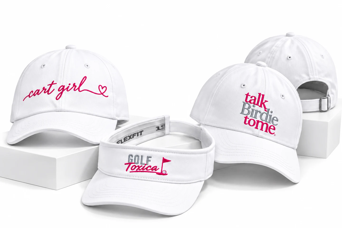 Cart Girl and Talk Birdie to Me hats with a Golf Toxica visor