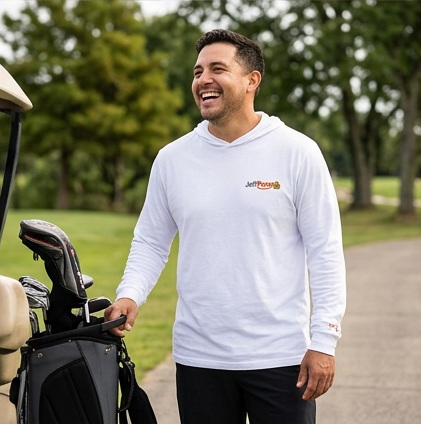 Jeff Pesos | Hooded Long Sleeve Tee Sweater in a golf lifestyle photo 5