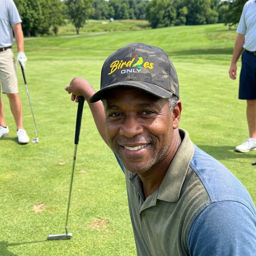 A golfer wearing Birdies Only on the course