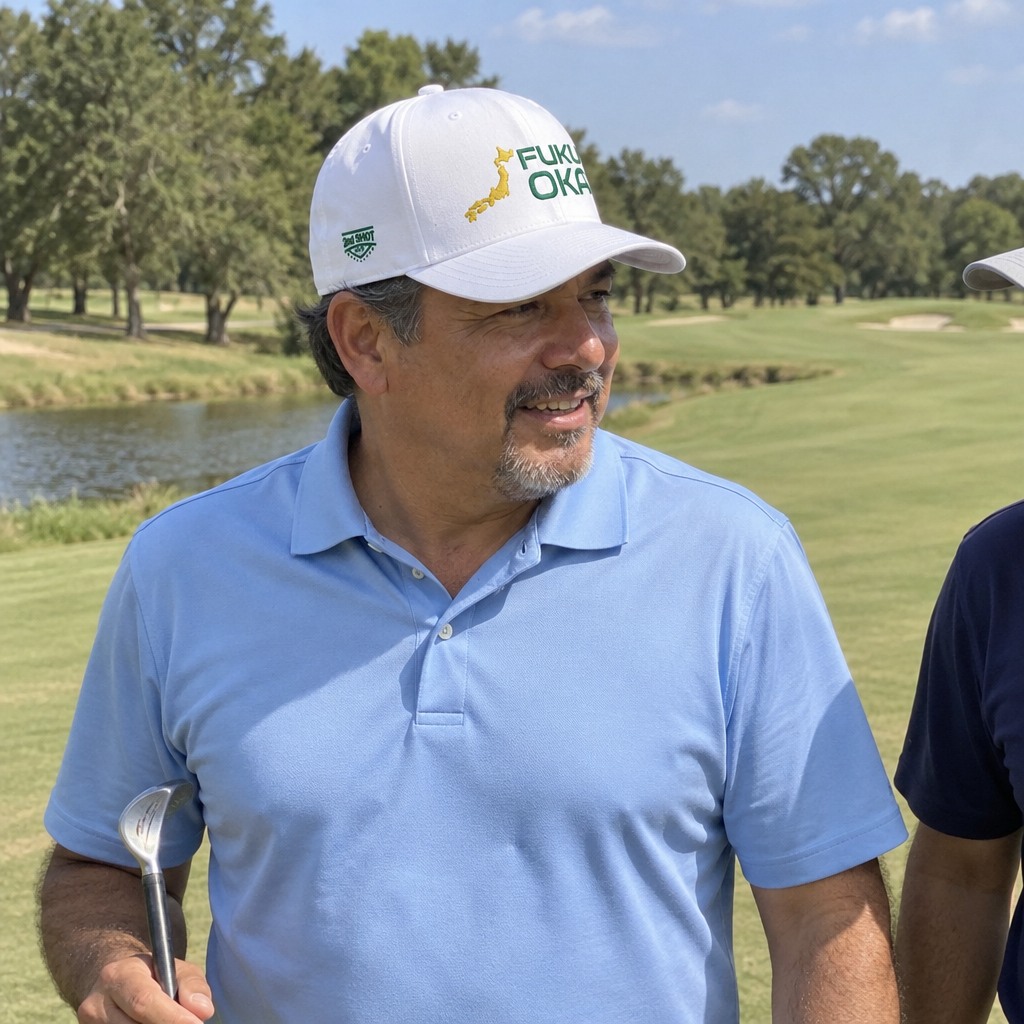 A golfer wearing Fukuoka Golf on the course