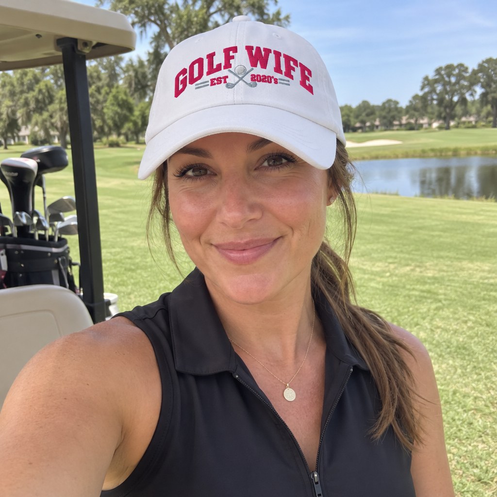 A golfer wearing Golf Wife Est. 2020s on the course