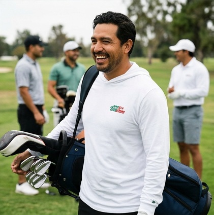 Don't Be a Kool Arrow | Hooded Long Sleeve Tee Sweater in a golf lifestyle photo 5