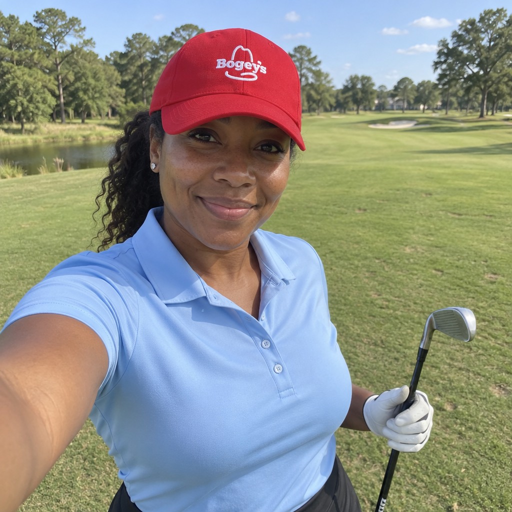 A golfer wearing Bogeys - Red on the course