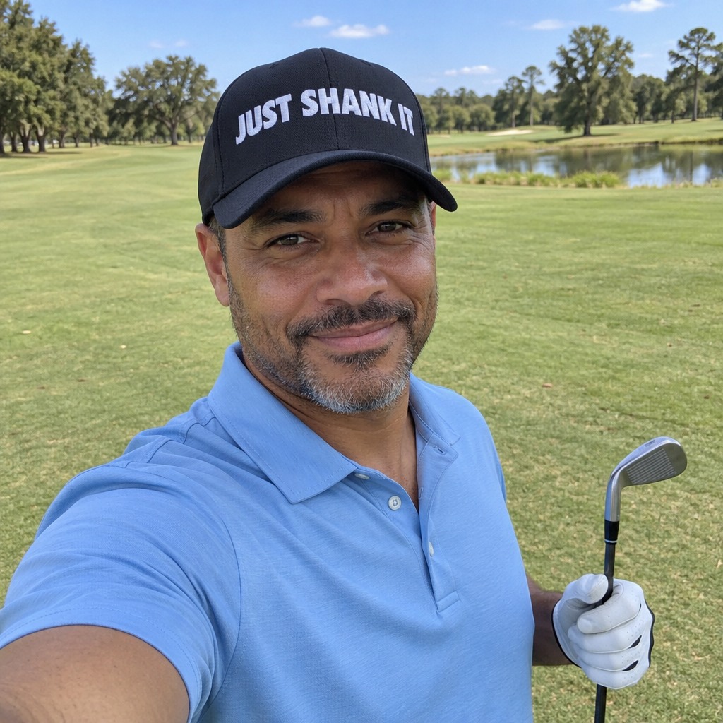 A golfer wearing Just Shank It on the course