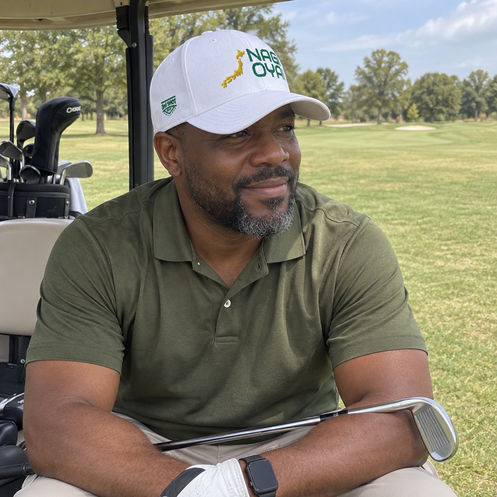 A golfer wearing Nagoya Golf on the course