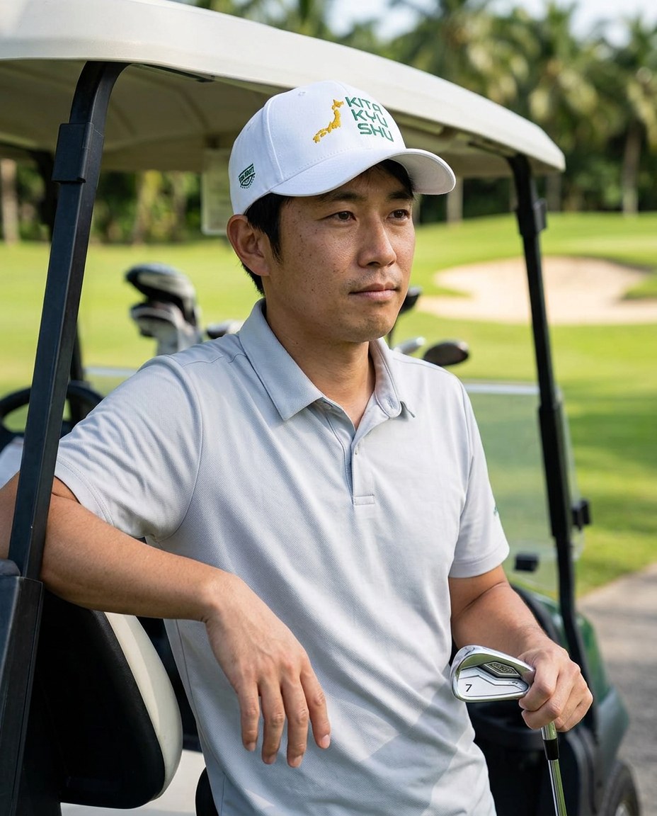 A golfer wearing Kitakyushu Golf on the course