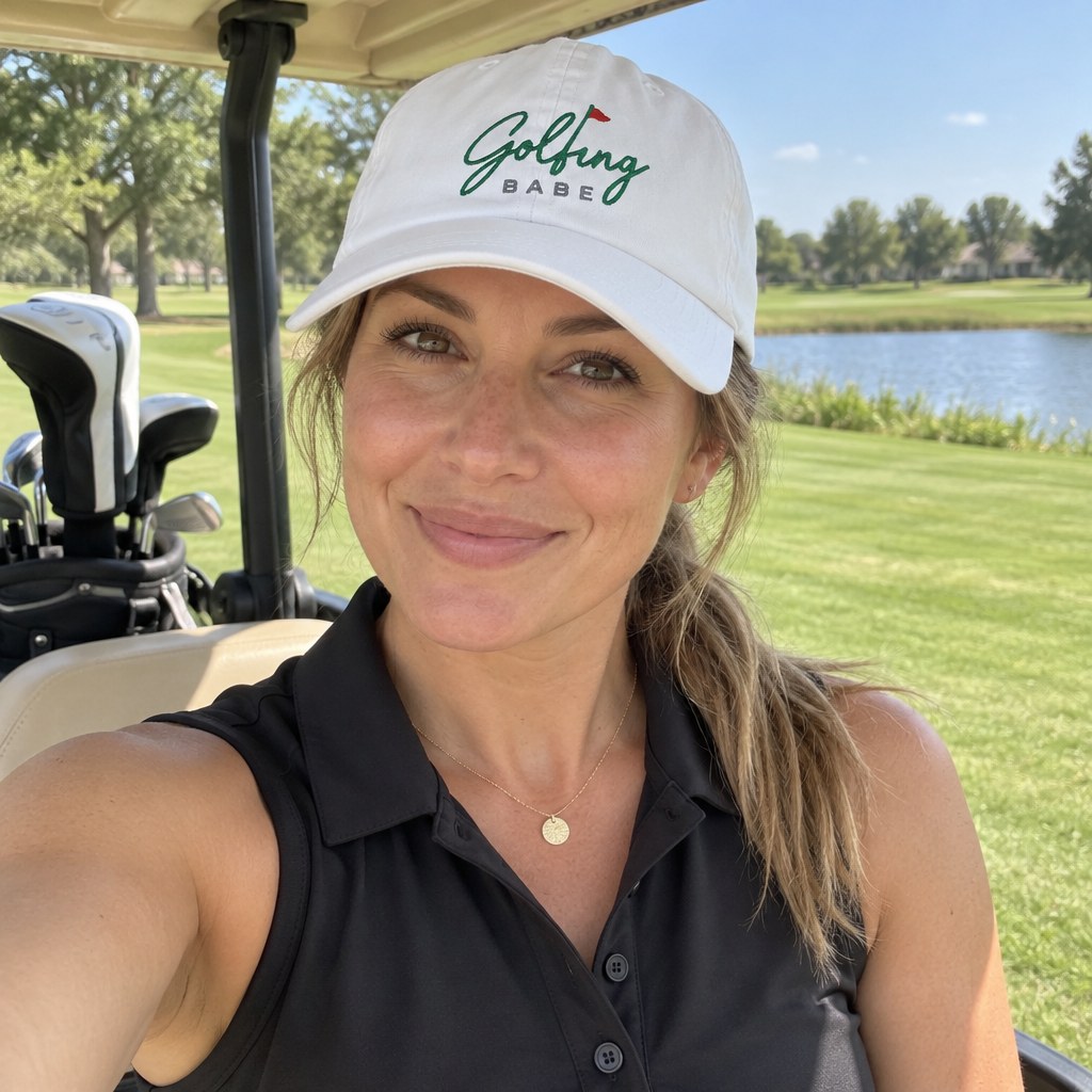 A golfer wearing Golfing Babe Flag - Hat on the course