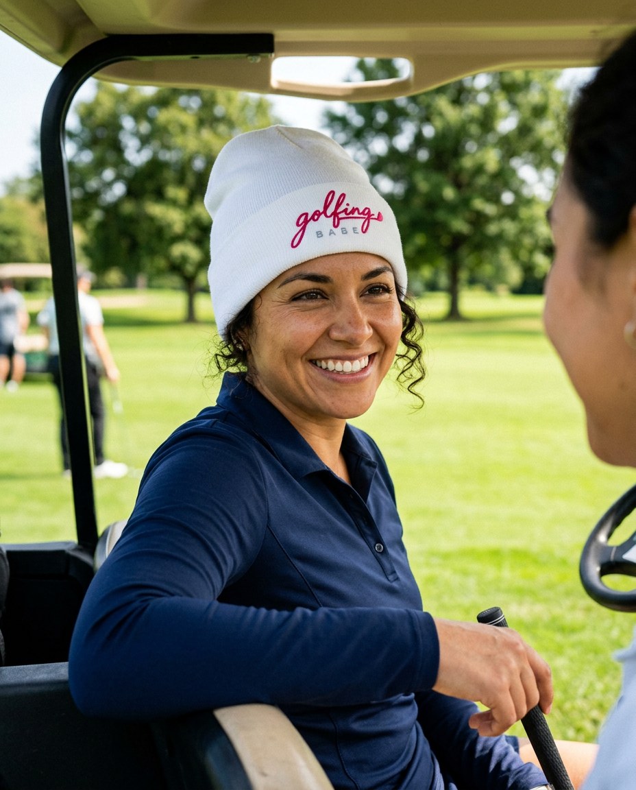 A golfer wearing Golfing Babe - Beanie on the course
