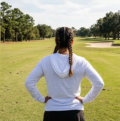 A golfer wearing Golfero de Primera - Hooded Long Sleeve Tee Sweater on the course