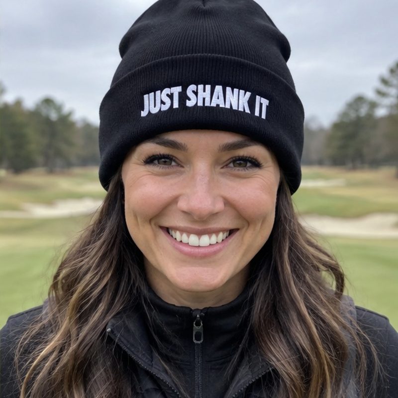 A golfer wearing Just Shank It - Fun Beanie on the course