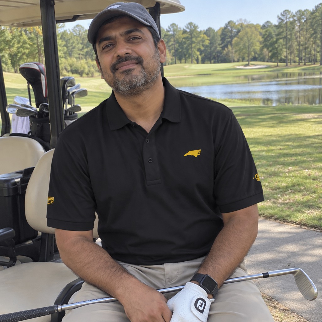 A golfer wearing North Carolina - MVP Polo on the course
