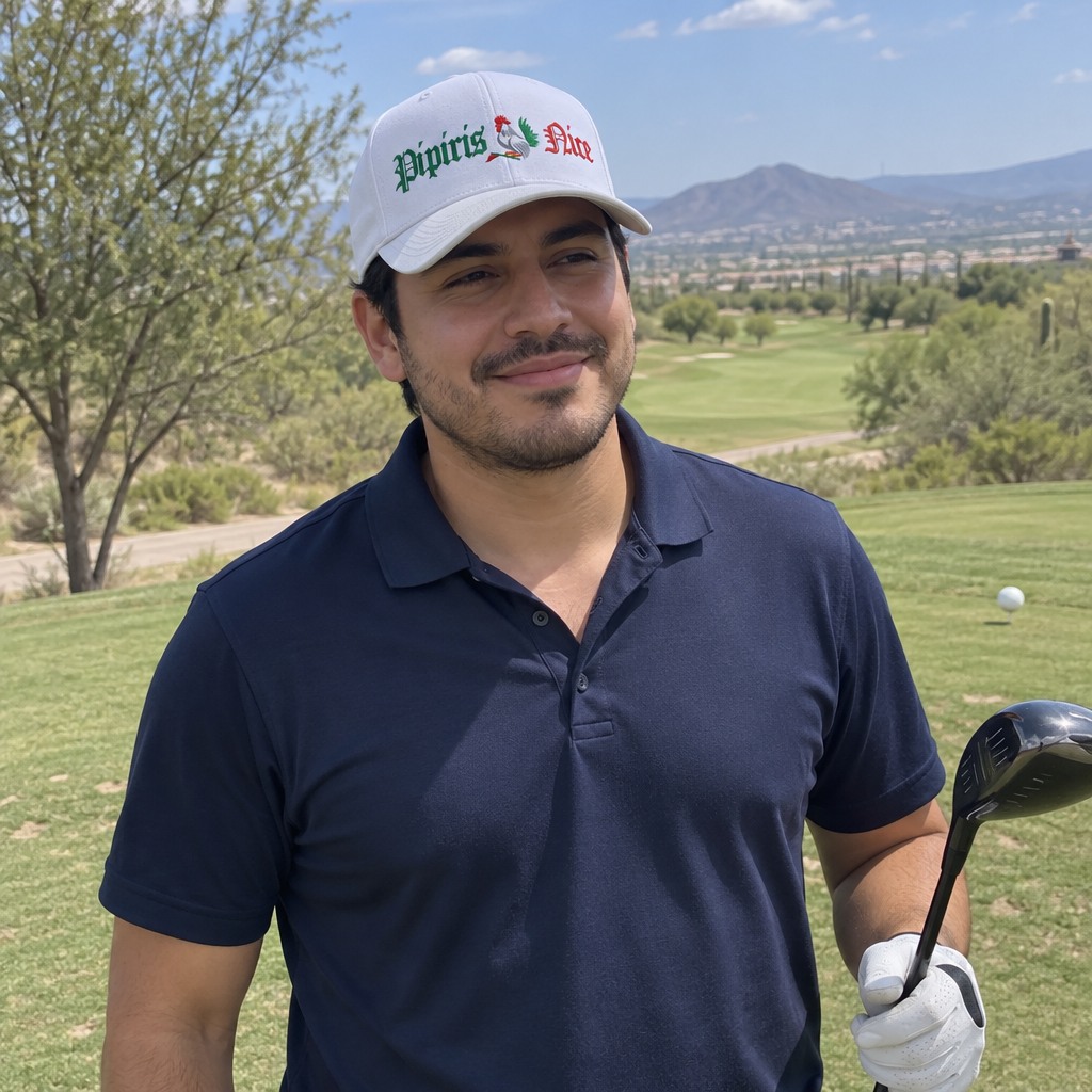 A golfer wearing Pipiris Nice Rooster on the course