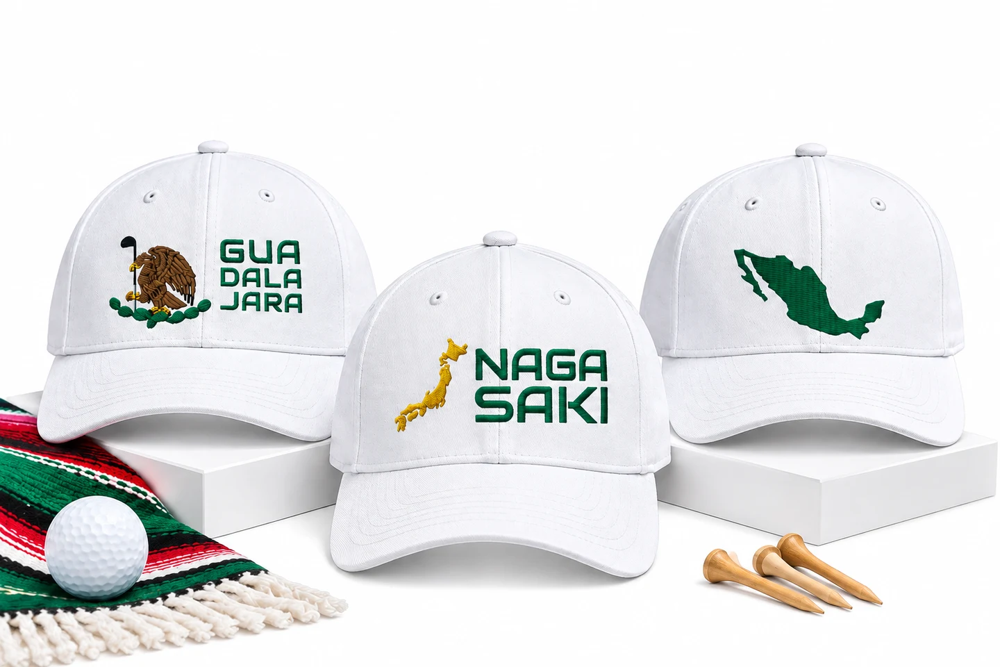 Guadalajara, Nagasaki and Mexico embroidered golf hats