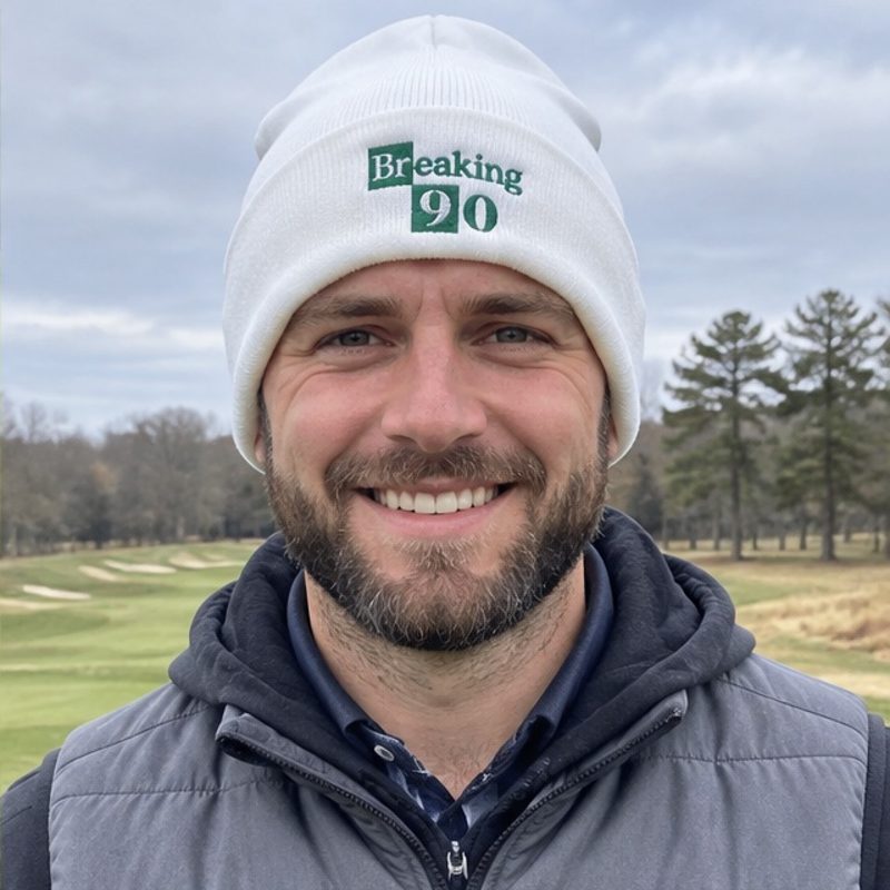 A golfer wearing Breaking 90 - Fun Beanie on the course