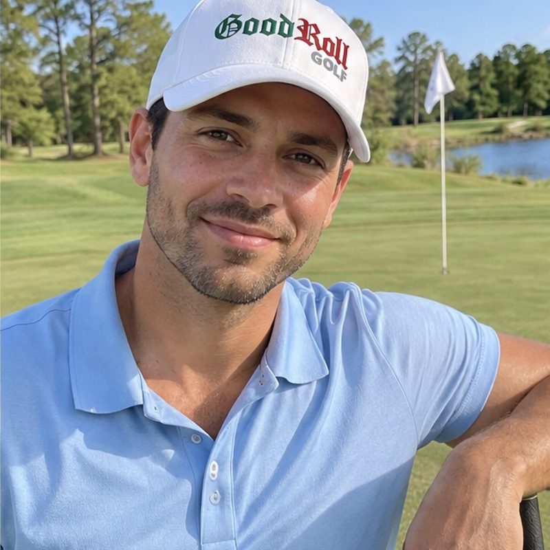 A golfer wearing Good Roll Golf on the course