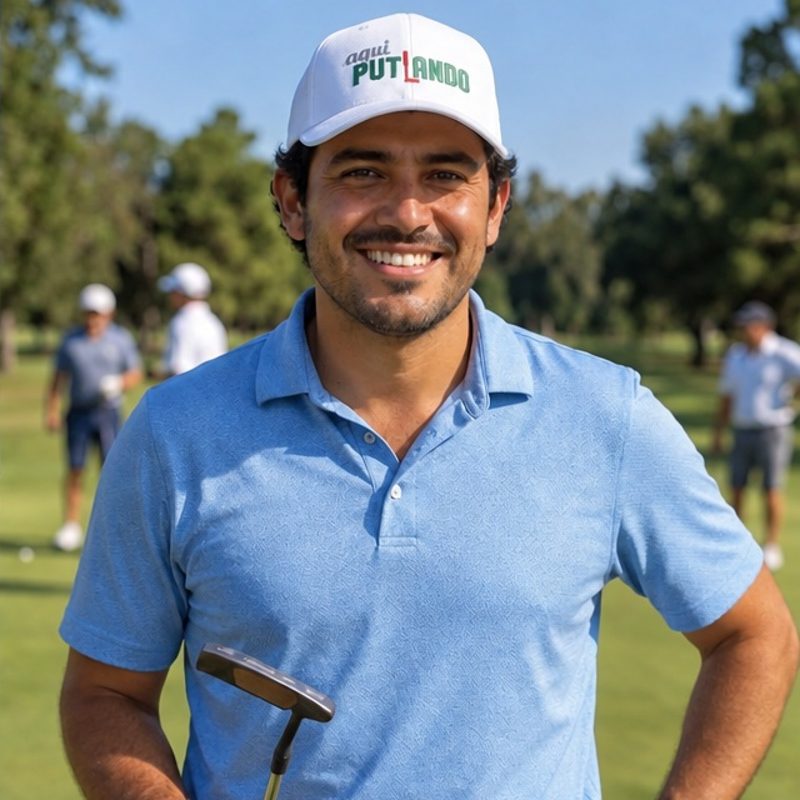 A golfer wearing Aqui Putiando on the course