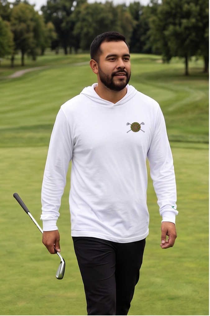 Azteca Golf | Hooded Long Sleeve Tee Sweater in a golf lifestyle photo 1