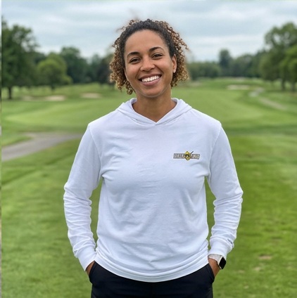 A golfer wearing Beware of Swing Logo | Hooded Long Sleeve Tee Sweater on the course
