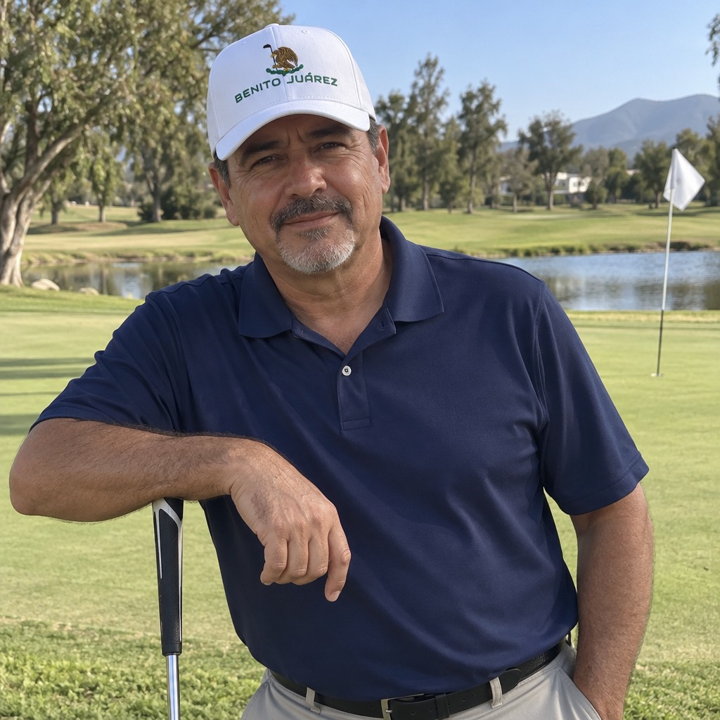A golfer wearing Benito Juárez on the course