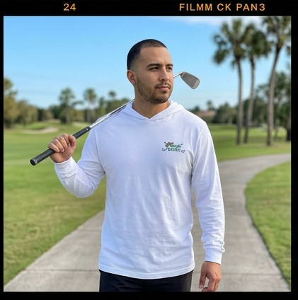 Chingon on the Gren | Hooded Long Sleeve Tee Sweater in a golf lifestyle photo 1