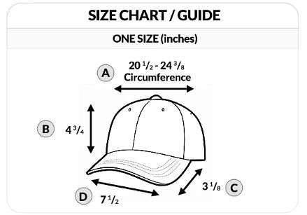 Size chart. One size fits a head circumference of 20 1/2 to 24 3/8 inches.