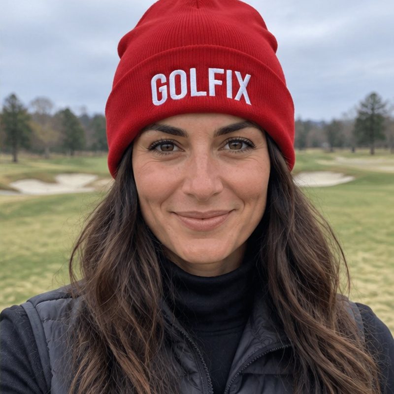 A golfer wearing Golfix - Fun Beanie - Red on the course