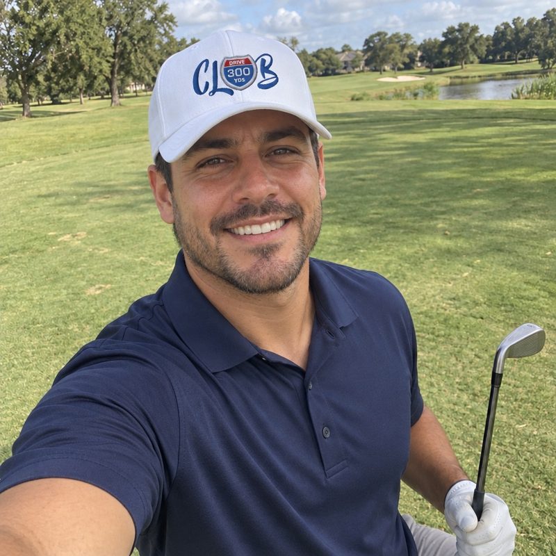 A golfer wearing Club 300yd Drive on the course