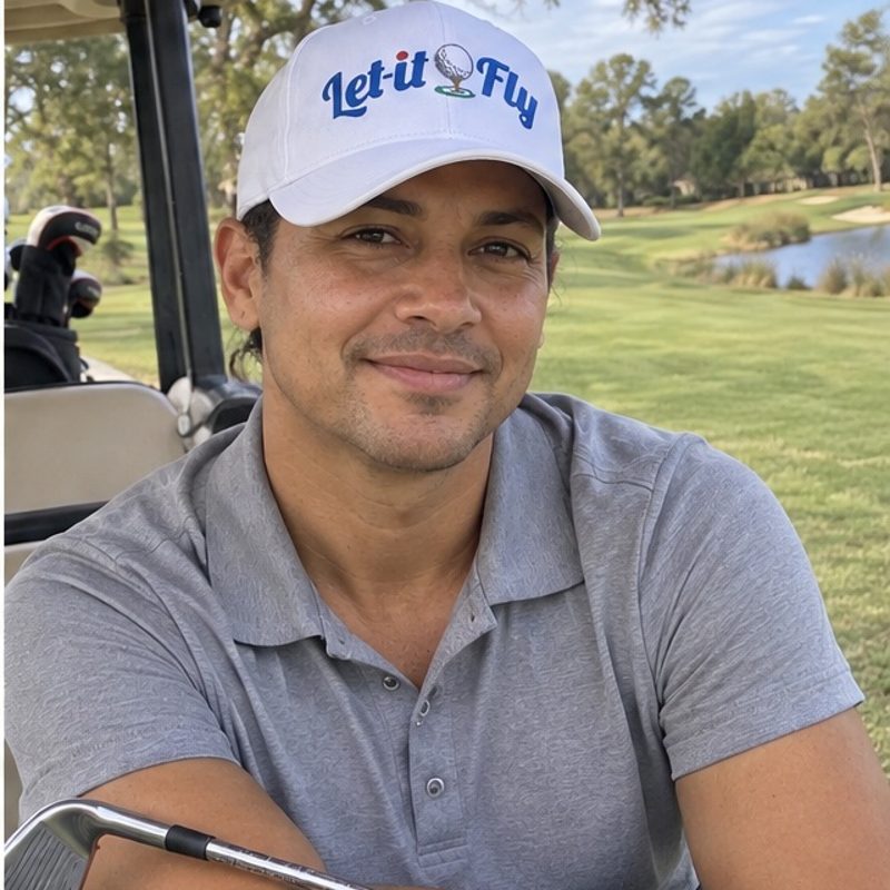 A golfer wearing Let It Fly - Blue on the course