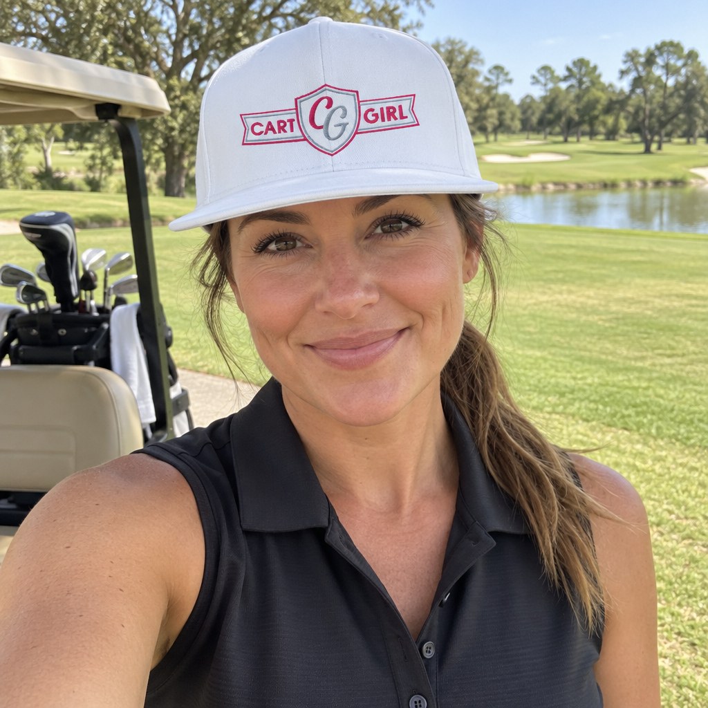 A golfer wearing Cart Girl Badge Logo - Flat Bill Cap on the course