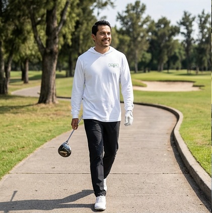 CDMX | Hooded Long Sleeve Tee Sweater in a golf lifestyle photo 1