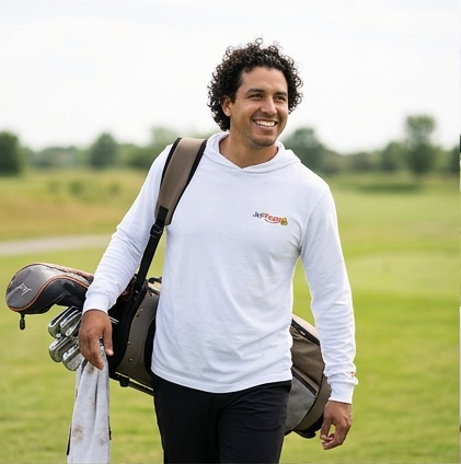 Jeff Pesos | Hooded Long Sleeve Tee Sweater in a golf lifestyle photo 1