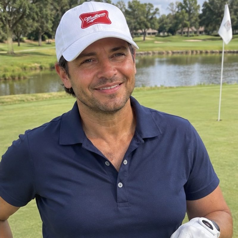 A golfer wearing Mulligan on the course