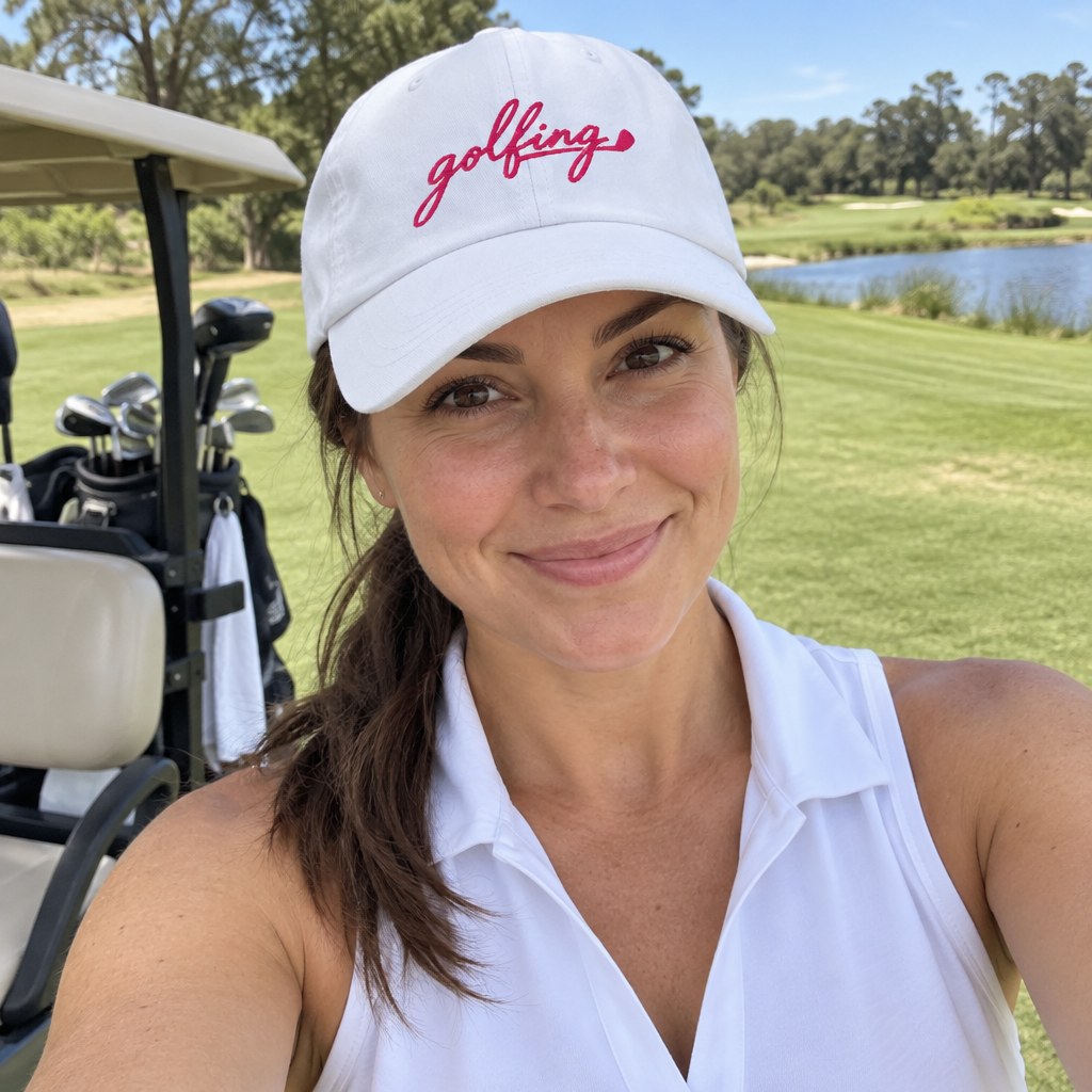 A golfer wearing Golfing Logo - Hat on the course
