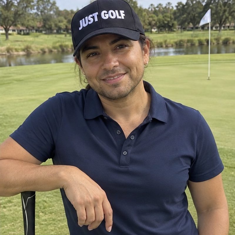 A golfer wearing Just Golf - White on the course