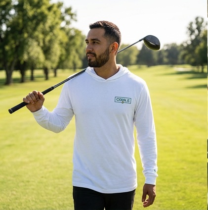 Orale | Hooded long-sleeve tee in a golf lifestyle photo 1