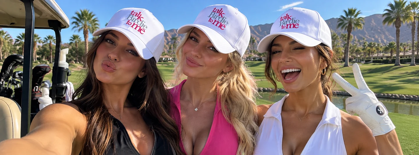 Three golfers wearing Cart Girl collection hats beside a golf cart