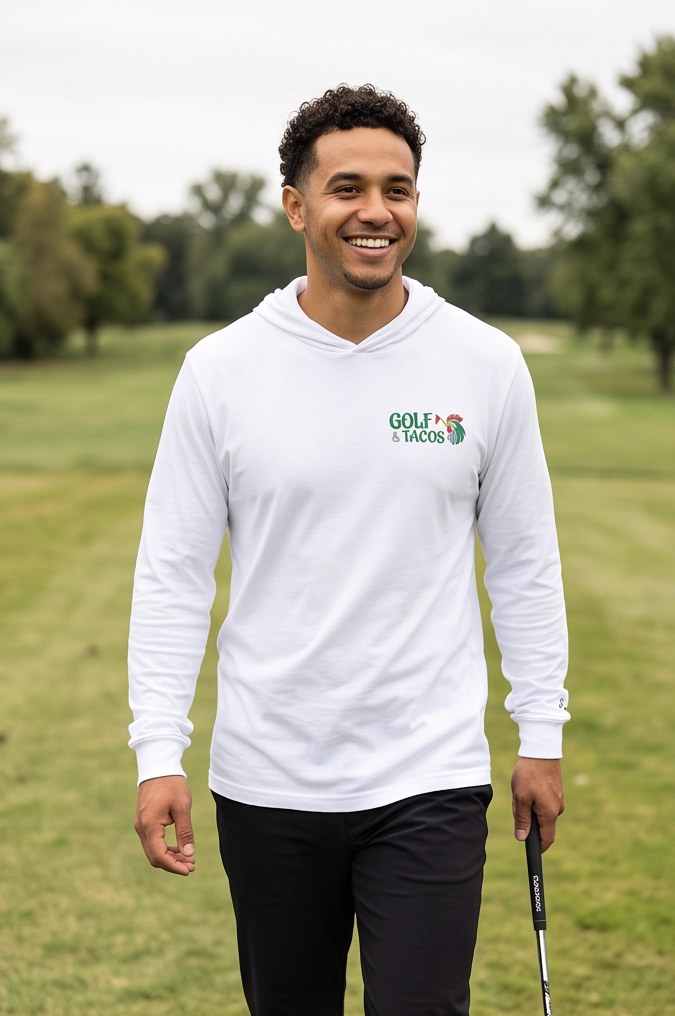 Golf & Tacos | Hooded Long Sleeve Tee Sweater in a golf lifestyle photo 1