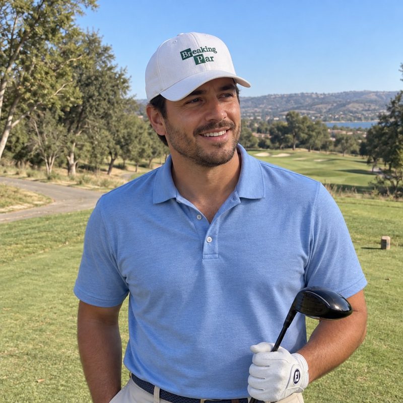 A golfer wearing Breaking Par on the course