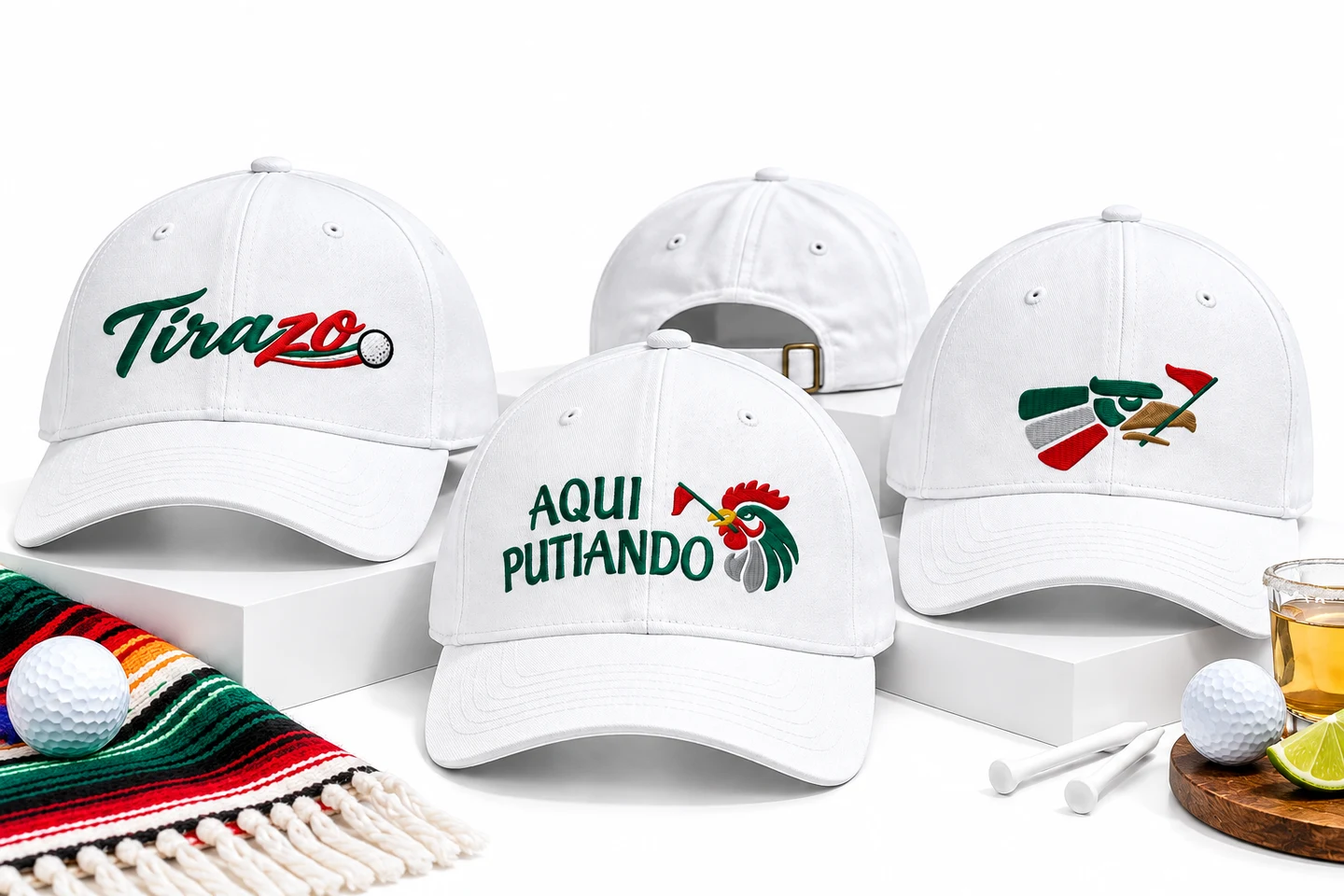 Mexican Golfer embroidered hats arranged with a serape and golf accessories