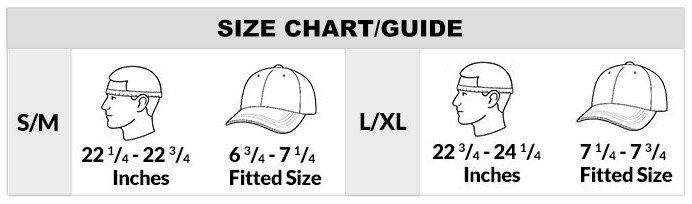 Size chart. S/M fits a head circumference of 22 1/4 to 22 3/4 inches, fitted size 6 3/4 to 7 1/4. L/XL fits 22 3/4 to 24 1/4 inches, fitted size 7 1/4 to 7 3/4.