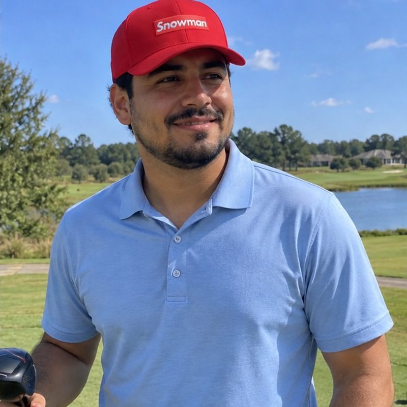 A golfer wearing Snowman - Red on the course