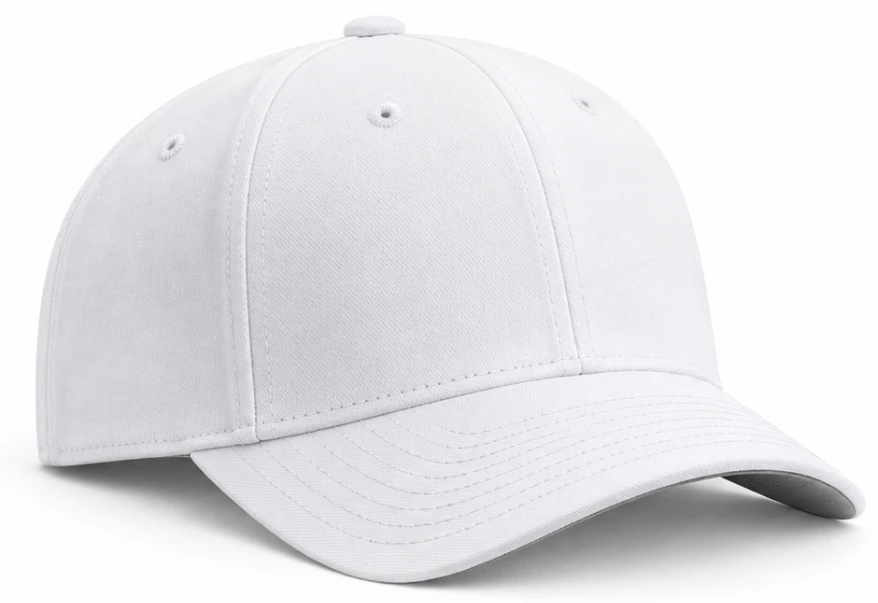 Illustrative white structured Flexfit cap with a curved brim