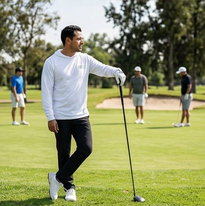 CDMX | Hooded Long Sleeve Tee Sweater in a golf lifestyle photo 5