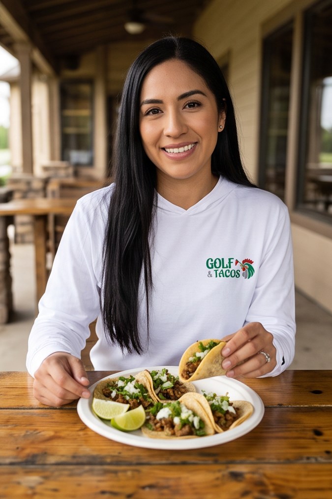 A golfer wearing Golf & Tacos | Hooded Long Sleeve Tee Sweater on the course