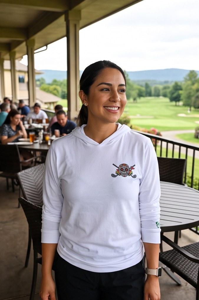 A golfer wearing Dia De Los Golferos | Hooded Long Sleeve Tee Sweater on the course