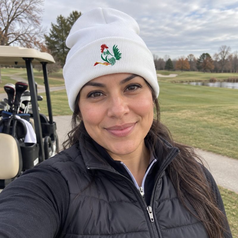 A golfer wearing Rooster Flag - Fun Beanie on the course